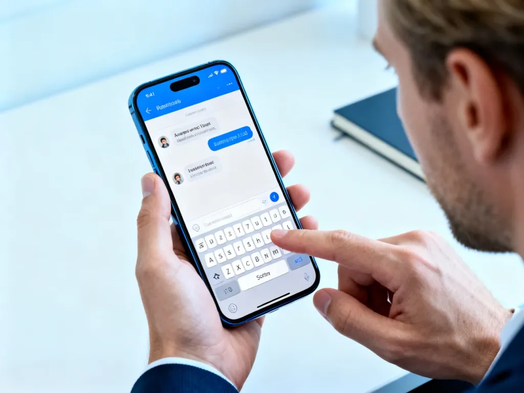Mężczyzna trzymający smartfon z otwartym menu ustawień wiadomości w nowoczesnym biurze.