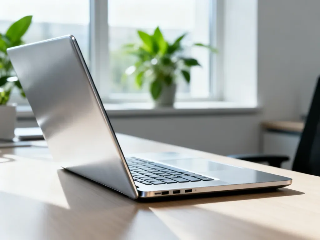 Srebrny laptop Dell XPS 15 otwarty na minimalistycznym drewnianym biurku w nowoczesnym domowym biurze.