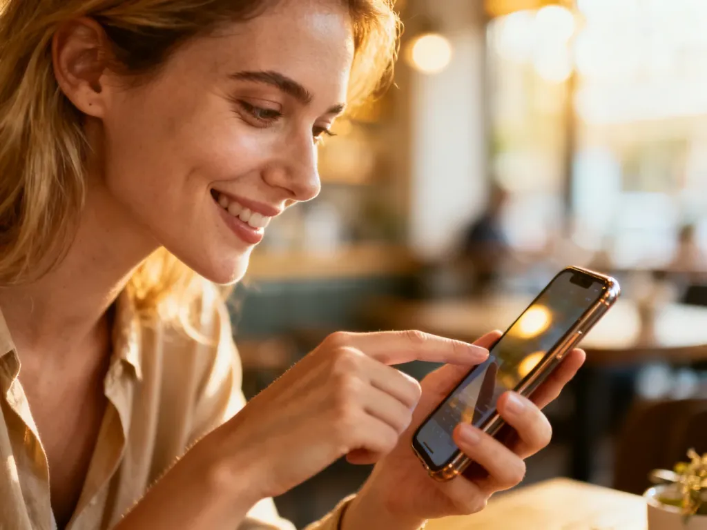 Uśmiechnięta kobieta korzystająca ze smartfona w przytulnej kawiarni, ilustrująca proces oznaczania osób na Instagramie.