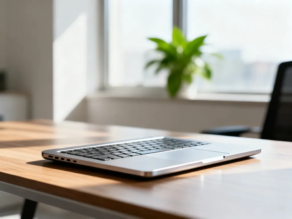 Srebrny MacBook Air na minimalistycznym drewnianym biurku w jasnym, słonecznym domowym biurze.