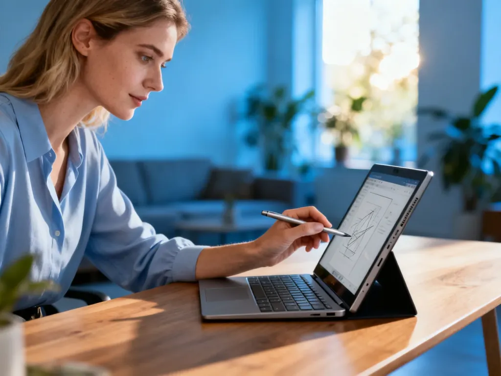Kobieta używa rysika na ekranie dotykowym tabletu Surface Pro 11, pracując przy minimalistycznym biurku w jasnym biurze.