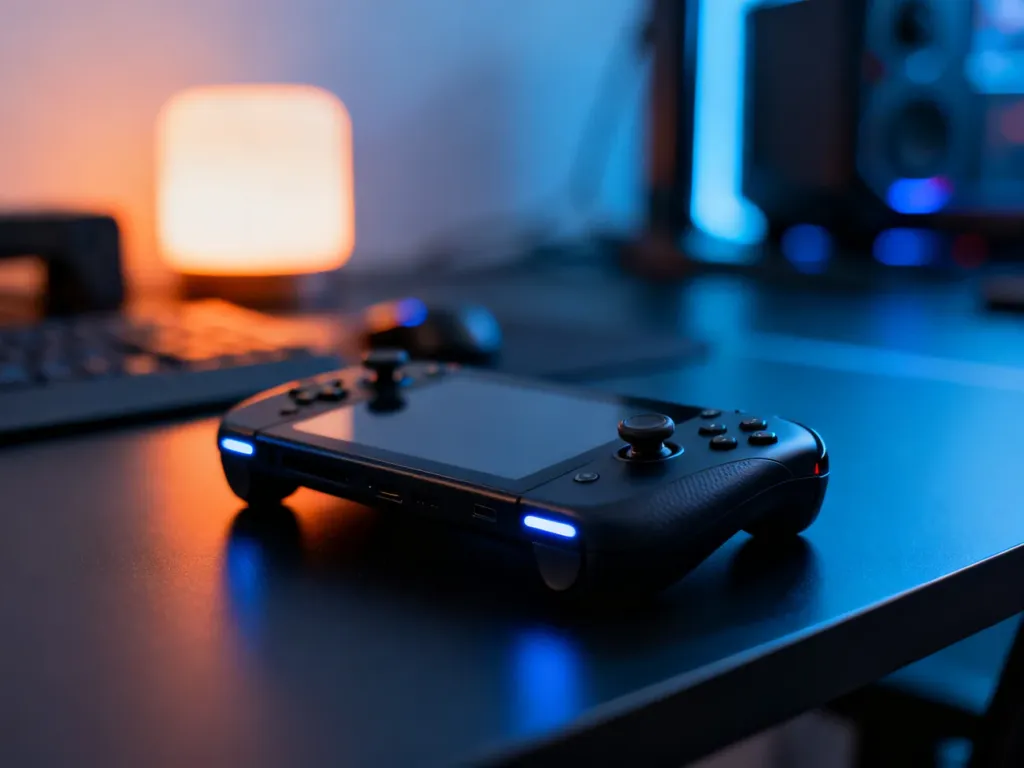 Czarna konsola przenośna Asus ROG Ally X spoczywająca na nowoczesnym biurku w klimatycznym oświetleniu.