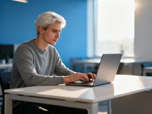Srebrny MacBook Air na minimalistycznym drewnianym biurku w jasnym, słonecznym domowym biurze.