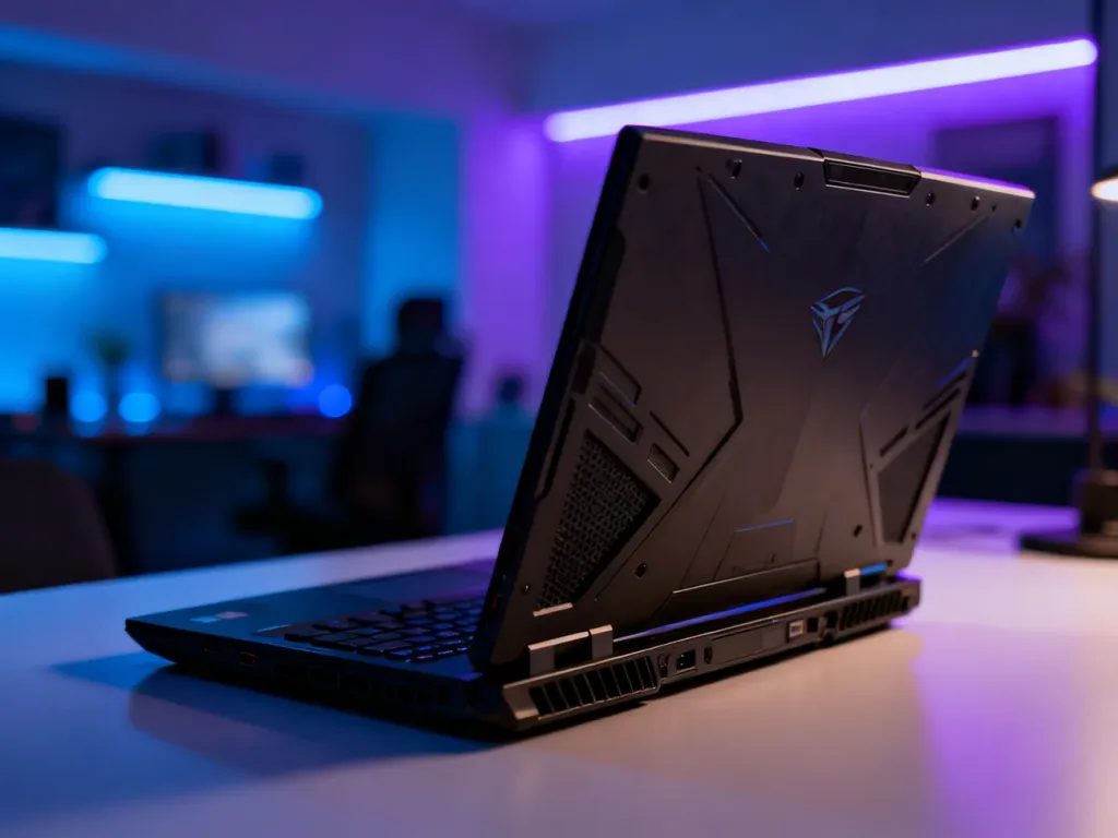Laptop gamingowy Asus TUF A15 o wytrzymałej konstrukcji na biurku w otoczeniu nastrojowego oświetlenia RGB.