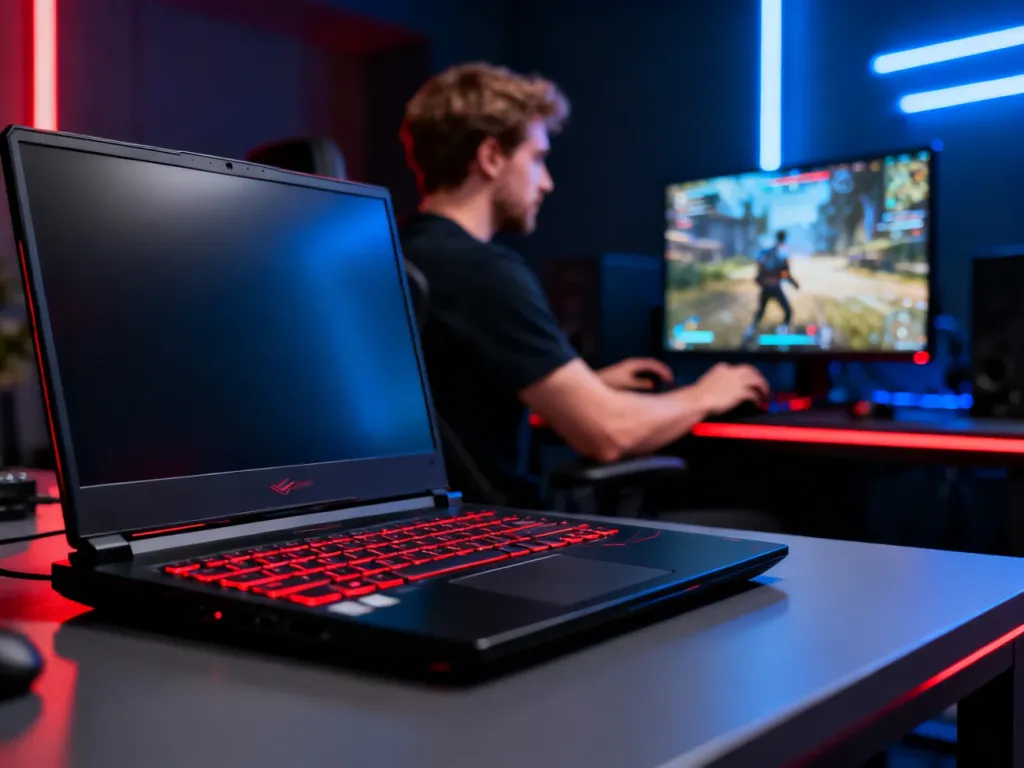 Laptop gamingowy MSI Katana 17 z podświetlaną klawiaturą na biurku gracza w nastrojowym, kolorowym oświetleniu.