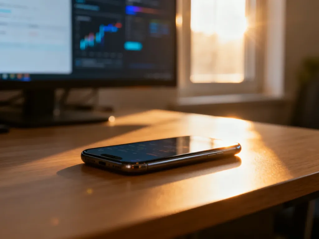 Nowoczesny smartfon na drewnianym biurku, symbolizujący proces przenoszenia danych na nowe urządzenie.