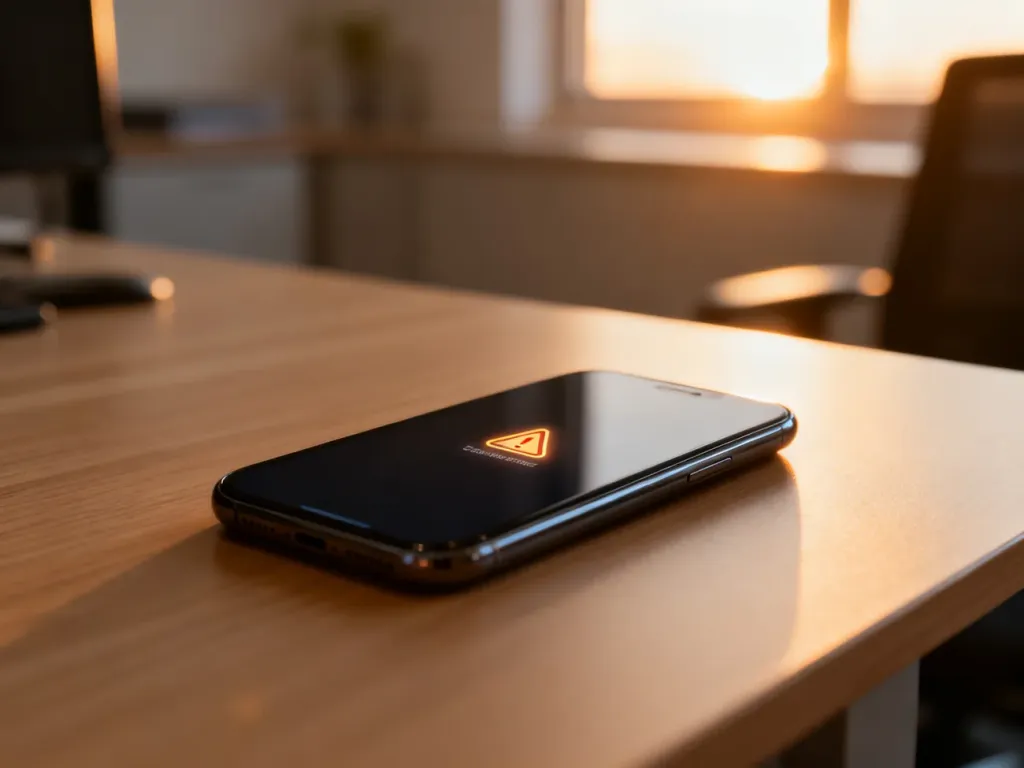 Nowoczesny smartfon z ikoną ostrzeżenia o braku miejsca na dysku, leżący na drewnianym biurku w słonecznym biurze.