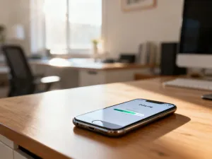 Nowoczesny smartfon leżący na biurku z otwartym menu ustawień powiadomień w przytulnym domowym biurze.