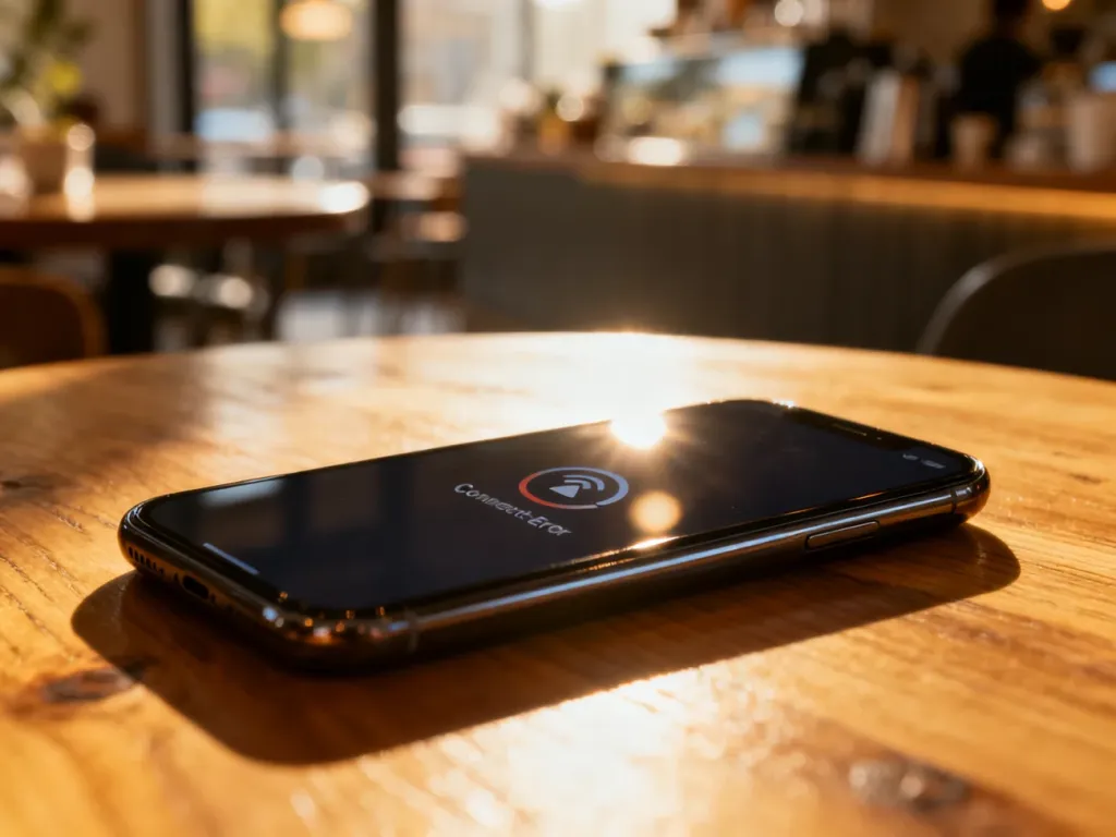Nowoczesny smartfon z ikoną błędu połączenia na ekranie, leżący na drewnianym stole w przytulnej kawiarni.