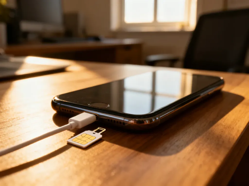 Nowoczesny smartfon połączony z kartą SIM na drewnianym biurku, ilustrujący proces przenoszenia kontaktów.