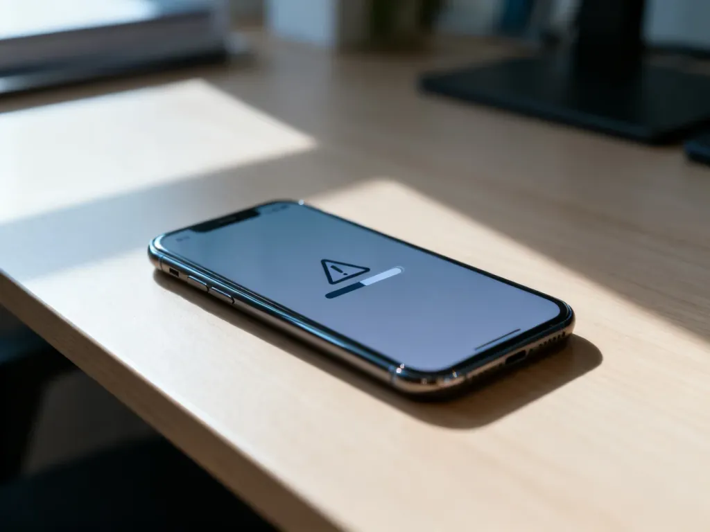 Nowoczesny smartfon leżący na biurku z ikoną błędu ładowania na ekranie, symbolizujący problemy z działaniem aplikacji.