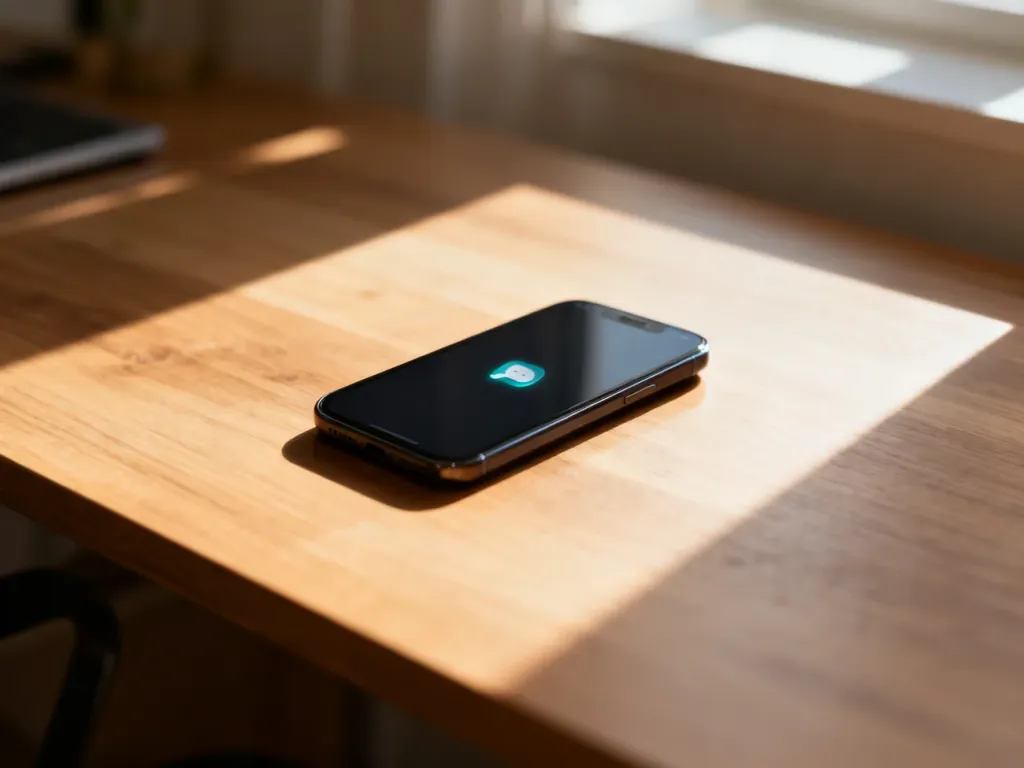Nowoczesny smartfon z ikoną powiadomienia na drewnianym biurku, symbolizujący łączność w domowym biurze.