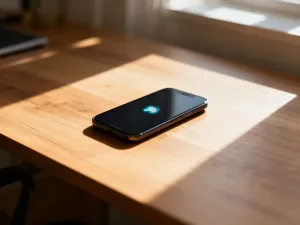 Smartfon na drewnianym biurku z pustą sekcją komentarzy na ekranie, symbolizujący problem z ich wyświetlaniem na Facebooku.