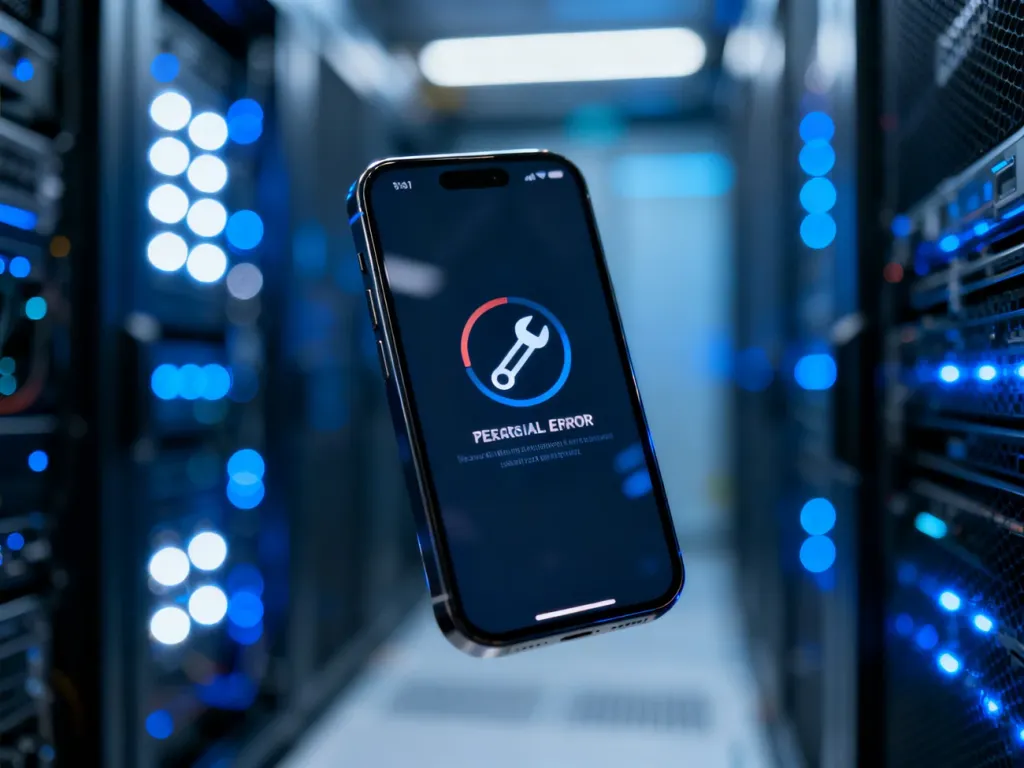 Ekran smartfona z ikoną błędu technicznego na rozmytym tle serwerowni, symbolizujący problemy z działaniem sklepu Google Play.
