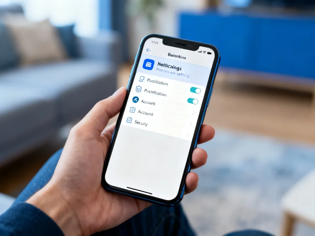 Smartfon z otwartymi ustawieniami powiadomień aplikacji bankowej