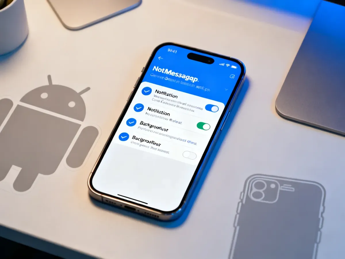 Smartfon z ustawieniami powiadomień i działania aplikacji w tle
