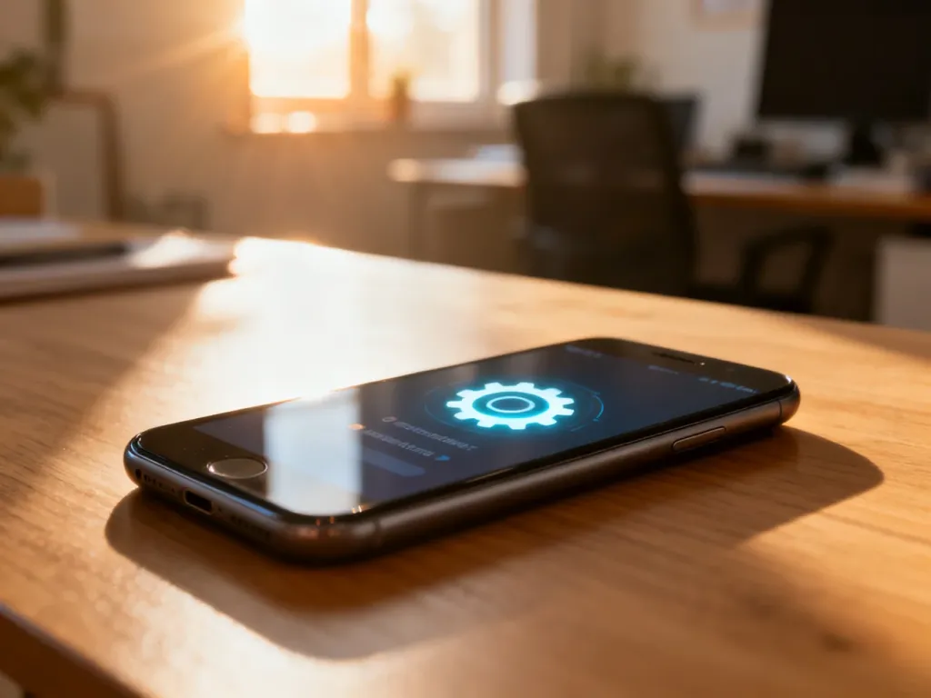 Nowoczesny smartfon z widoczną ikoną ustawień na ekranie, leżący na drewnianym biurku w słonecznym domowym biurze.