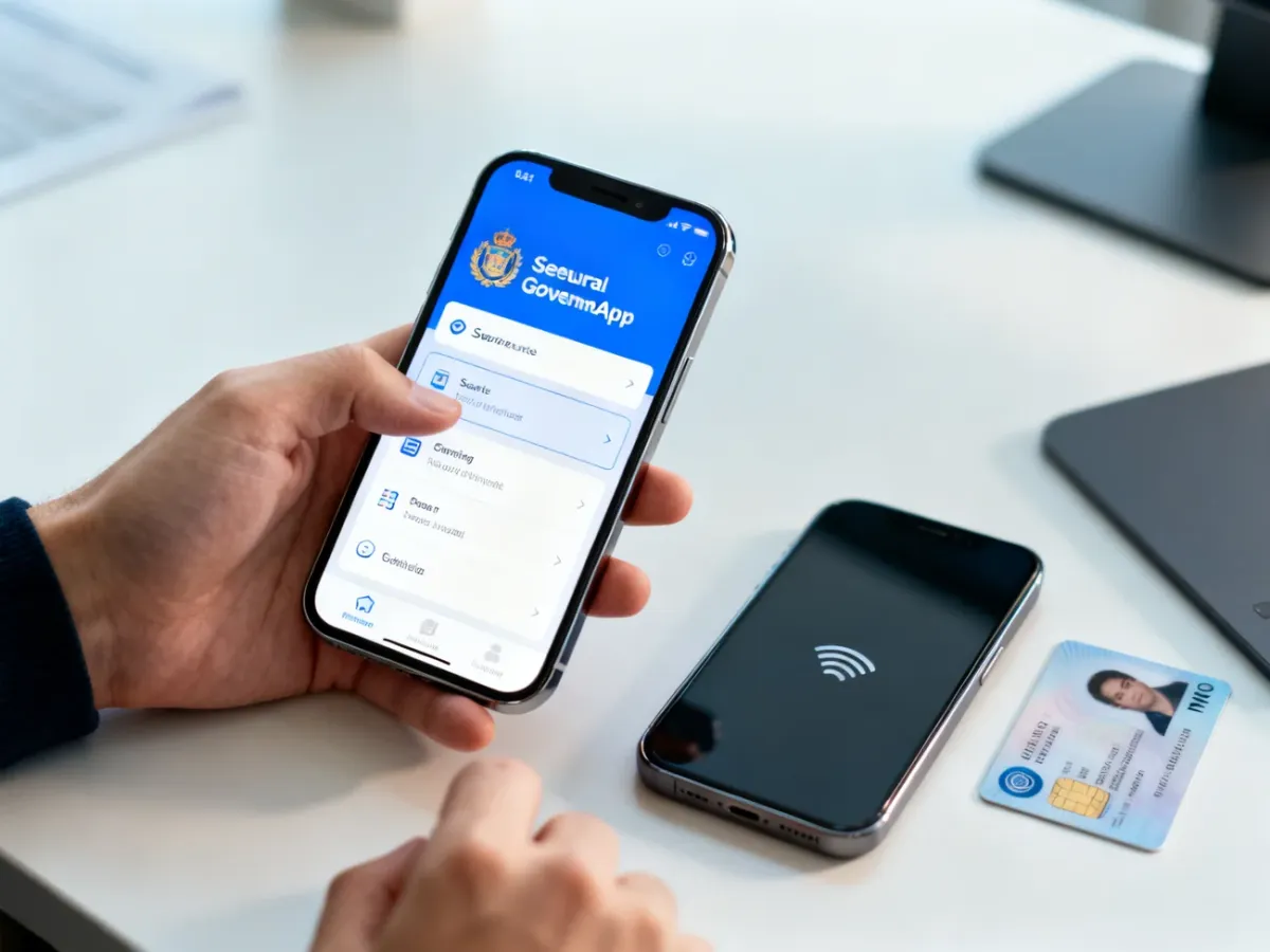 Smartfon z aplikacją rządową obok drugiego telefonu i karty identyfikacyjnej NFC