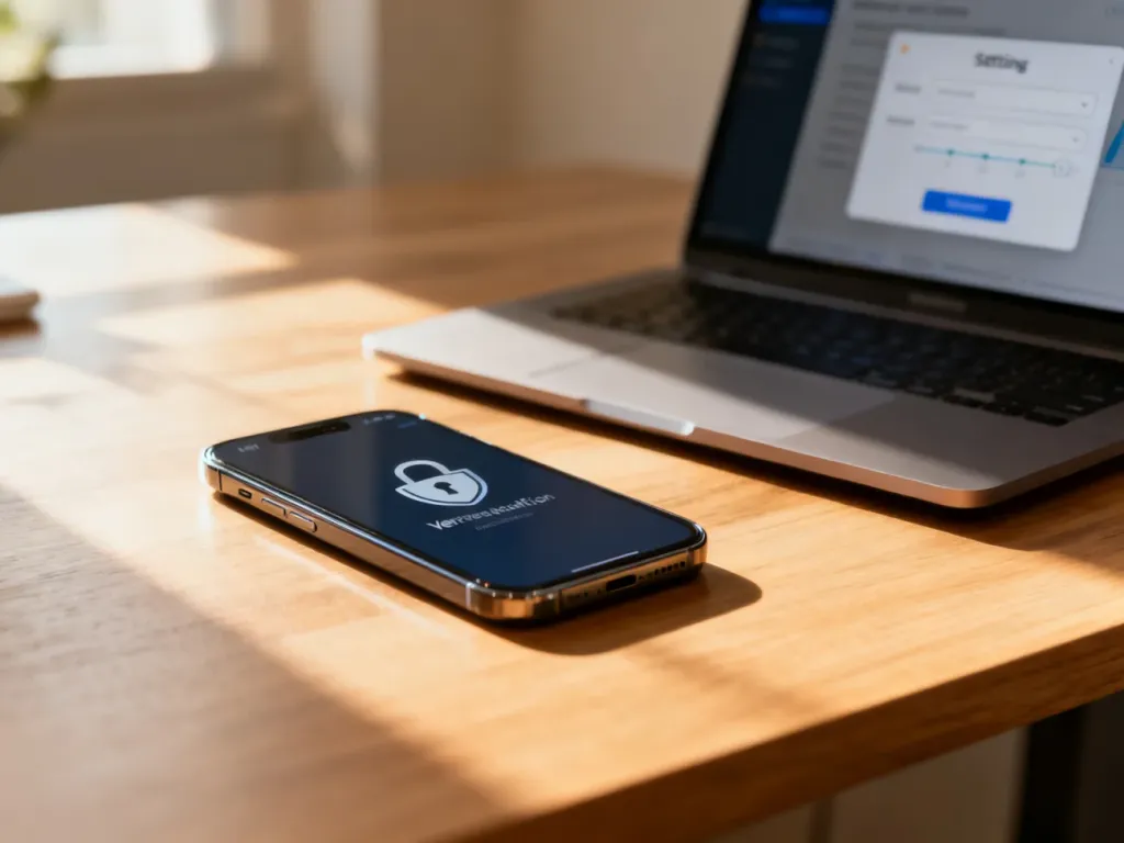 Nowoczesny smartfon z ikoną weryfikacji bezpieczeństwa na ekranie, przygotowany do konfiguracji Google Authenticator.