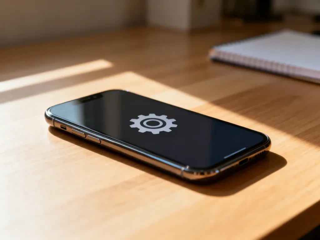 Smartfon leżący na biurku z ikoną ustawień na ekranie, ilustrujący proces konfiguracji telefonu.