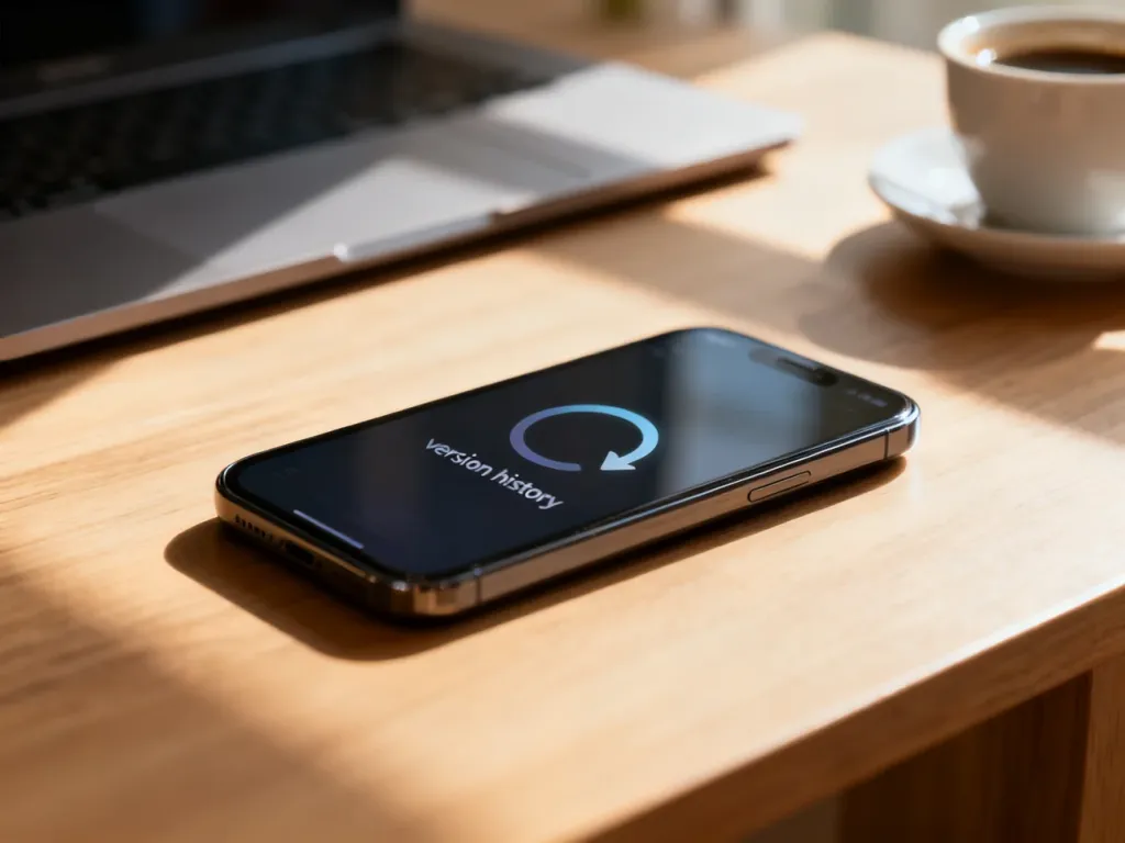 Nowoczesny smartfon z ikoną cofania wersji na ekranie, leżący na drewnianym biurku w otoczeniu laptopa i kawy.