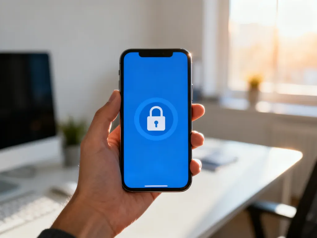 Dłoń trzymająca smartfon z otwartą aplikacją bankową w jasnym, minimalistycznym wnętrzu biurowym.
