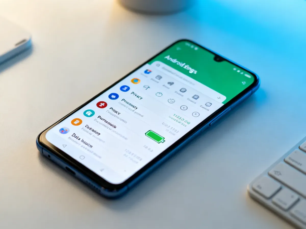 Smartfon z listą aplikacji i ustawieniami uprawnień oraz zużycia danych