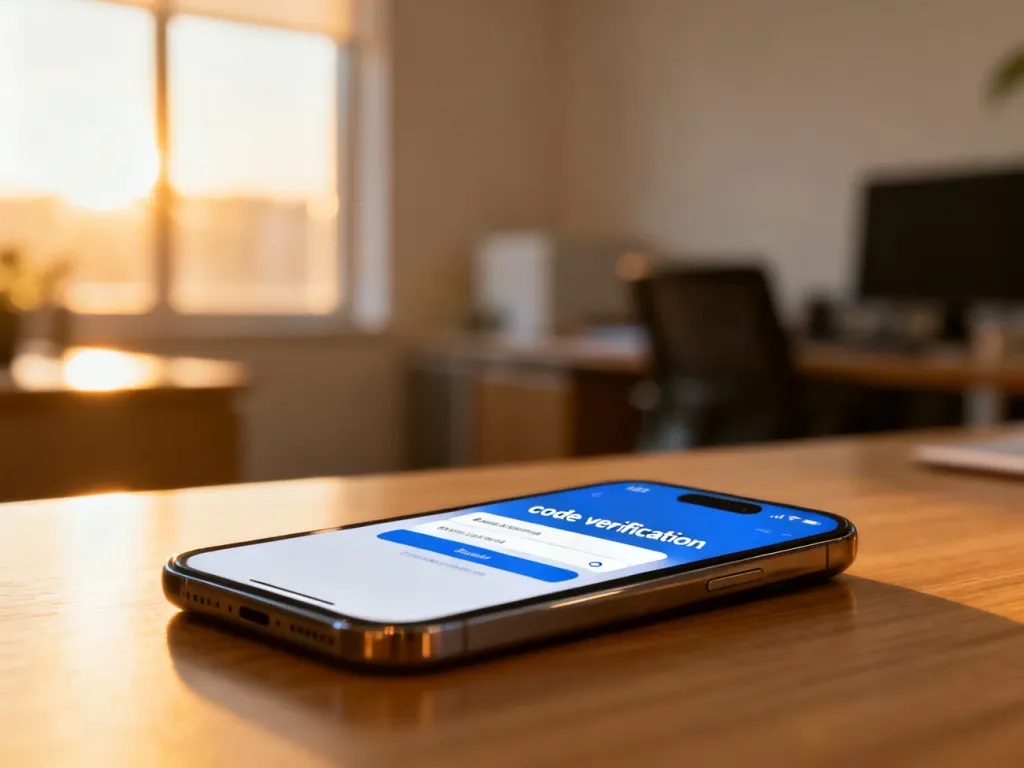 Smartfon leżący na biurku z wyświetlonym powiadomieniem o kodzie weryfikacyjnym.