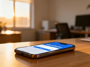 Nowoczesny smartfon na drewnianym biurku, symbolizujący proces przenoszenia danych na nowe urządzenie.