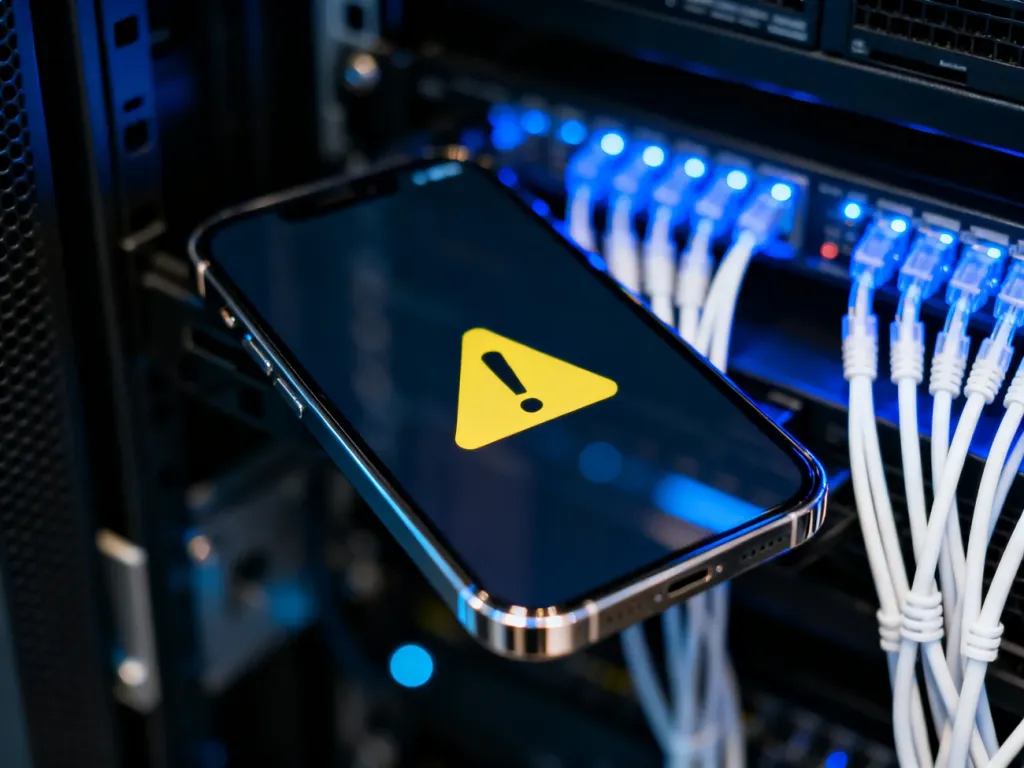 Ekran smartfona z ikoną błędu systemowego na tle serwerowni, symbolizujący problemy z parsowaniem pakietu danych.