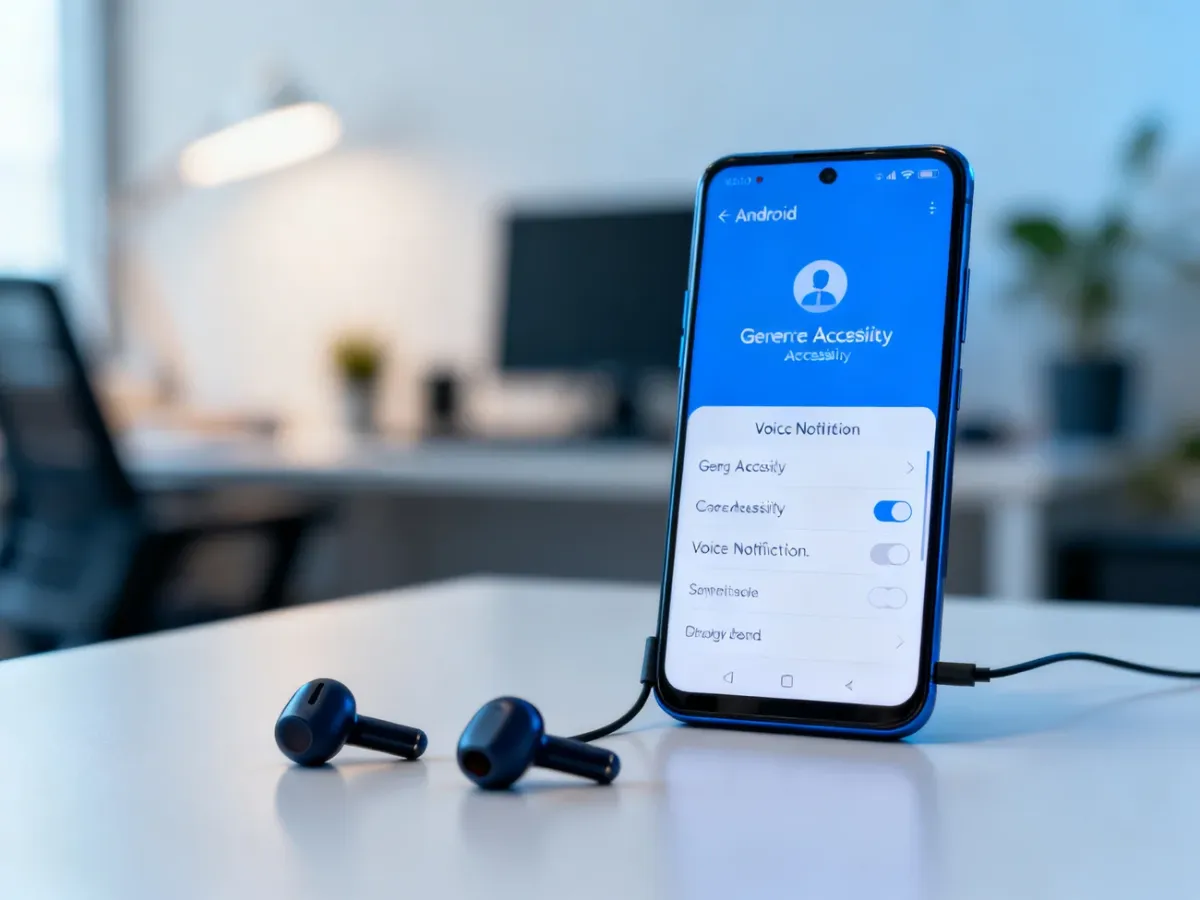 Smartfon z Androidem i słuchawkami bezprzewodowymi przy ustawieniach powiadomień głosowych