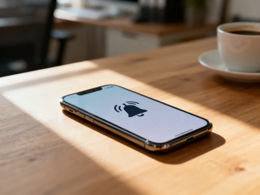 Smartfon leżący na biurku z ikoną powiadomienia na ekranie, symbolizujący problemy z alertami z aplikacji bankowej.