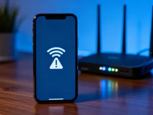 Nowoczesny smartfon leżący na biurku z ikoną błędu ładowania na ekranie, symbolizujący problemy z działaniem aplikacji.