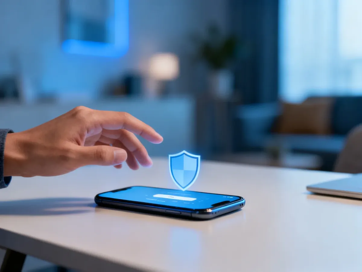 Smartfon z aplikacją bankową i symbolem bezpieczeństwa