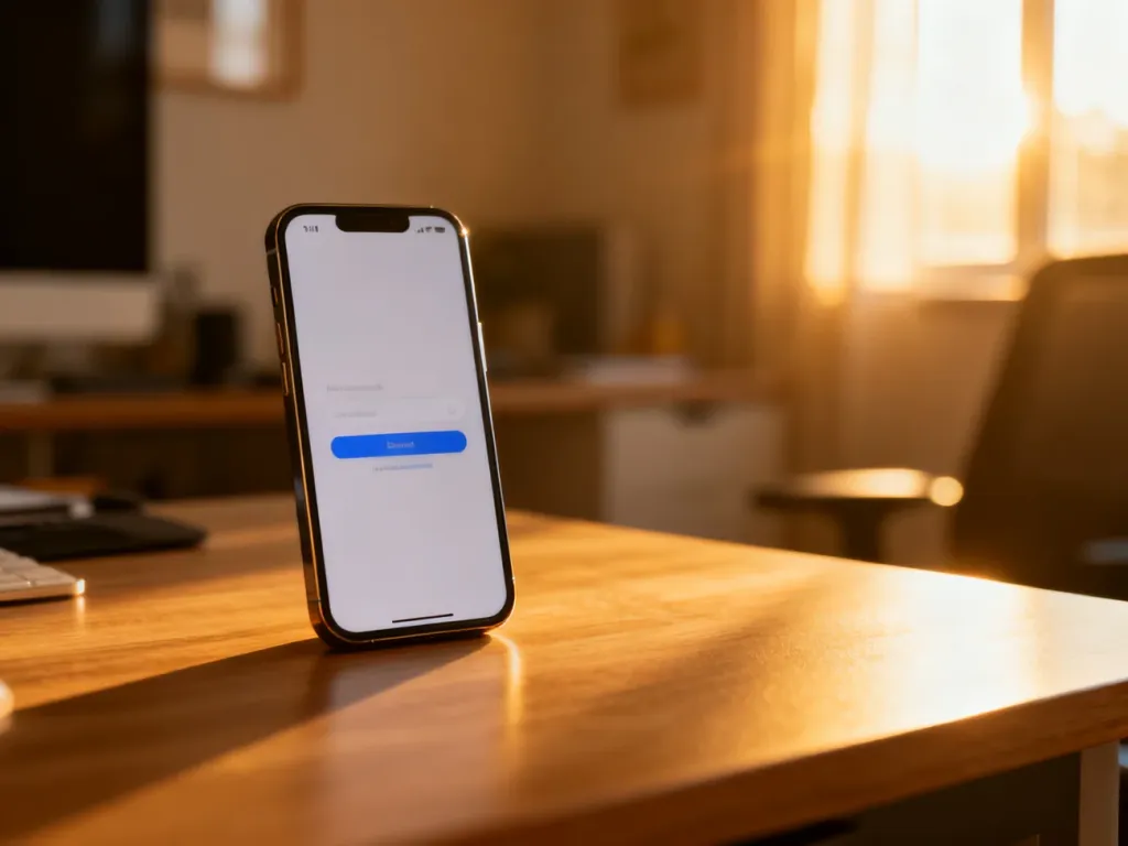 Smartfon z ekranem logowania leżący na drewnianym biurku w domowym biurze.