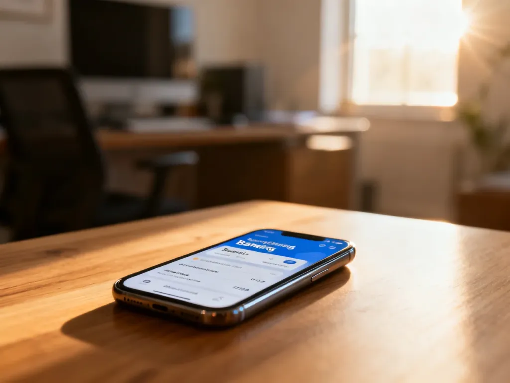 Nowoczesny smartfon z otwartą aplikacją bankową na drewnianym biurku w domowym biurze.