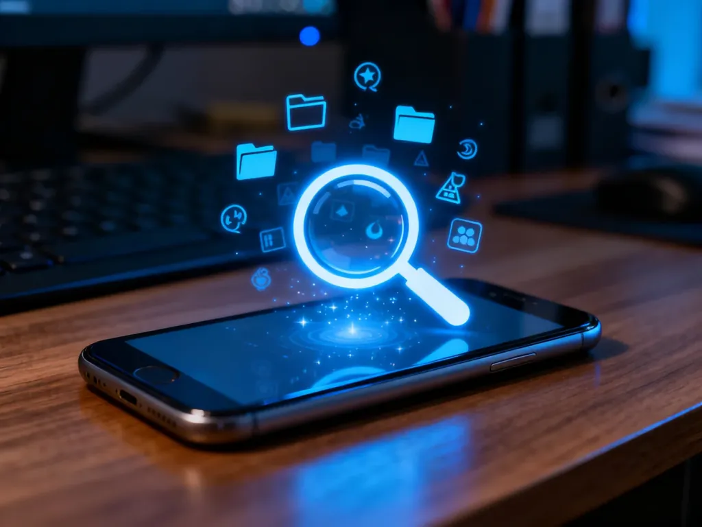 Nowoczesny smartfon z wyświetloną ikoną lupy, która ujawnia ukryte foldery i aplikacje w przestrzeni nad ekranem.