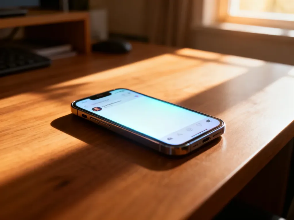 Smartfon z pustym ekranem aplikacji na drewnianym biurku, symbolizujący brak wyświetleń filmów na TikToku.