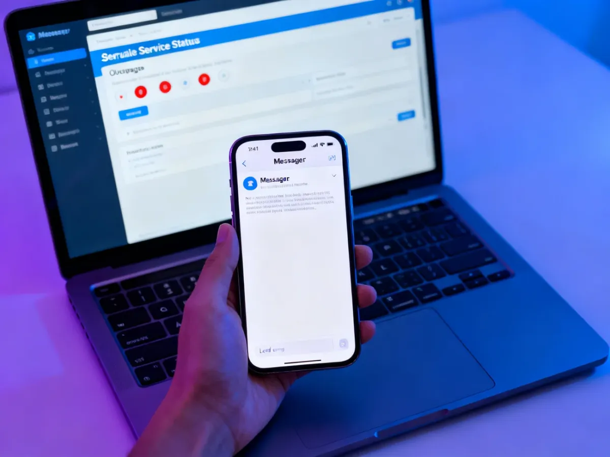Smartfon z niedziałającym komunikatorem obok laptopa sprawdzającego status usługi