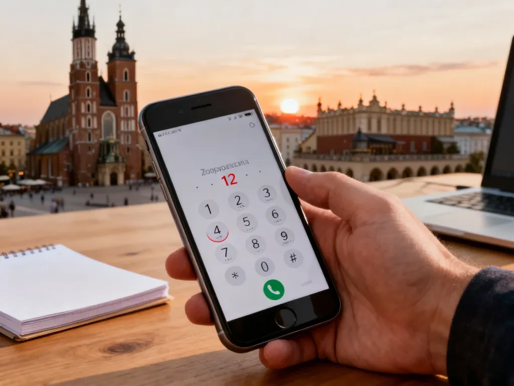 Smartfon z podświetlonym numerem kierunkowym 12 na tle panoramy Krakowa o zachodzie słońca, no text on the picture